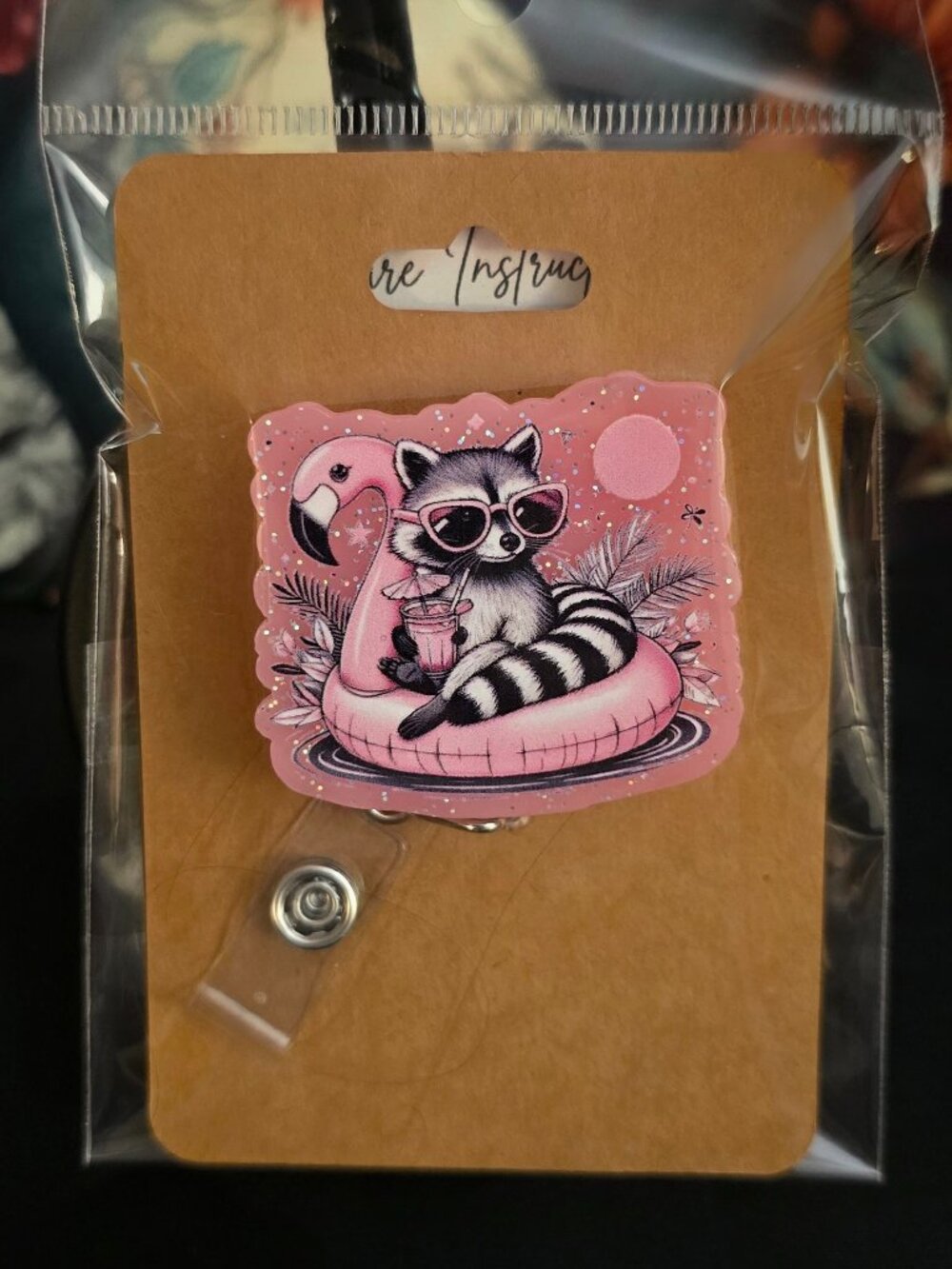 Raccoon on a Flamingo Novelty Acrylic Badge Reel ID Holder